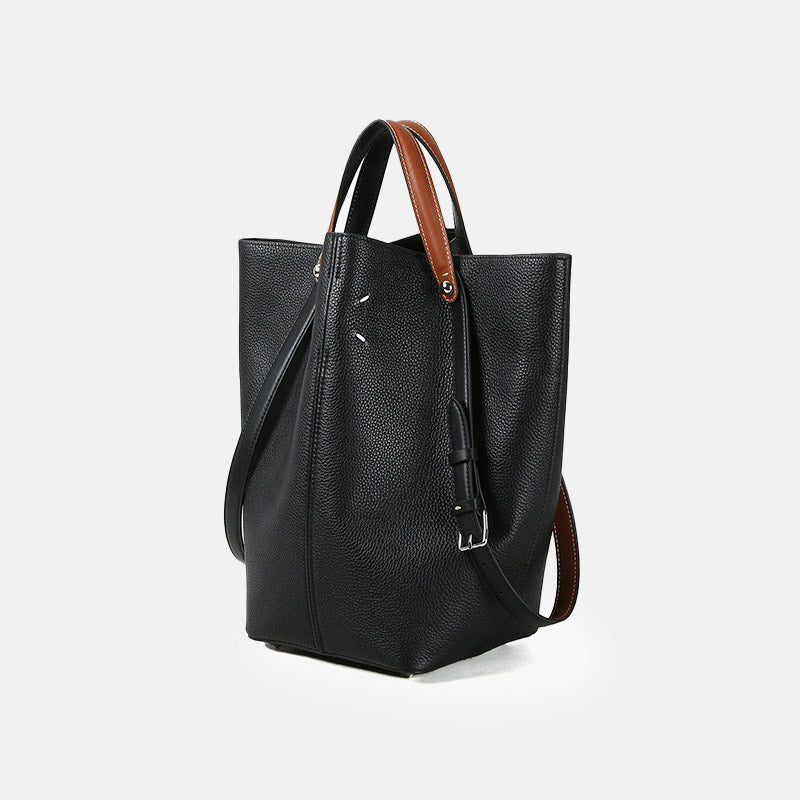 Women’s Minimalist Black Genuine Leather Bucket Tote Bag image