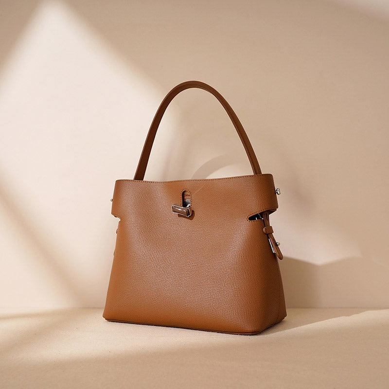 Women’s Minimalist Genuine Leather Bamboo Lock Bucket Tote Bag image 2