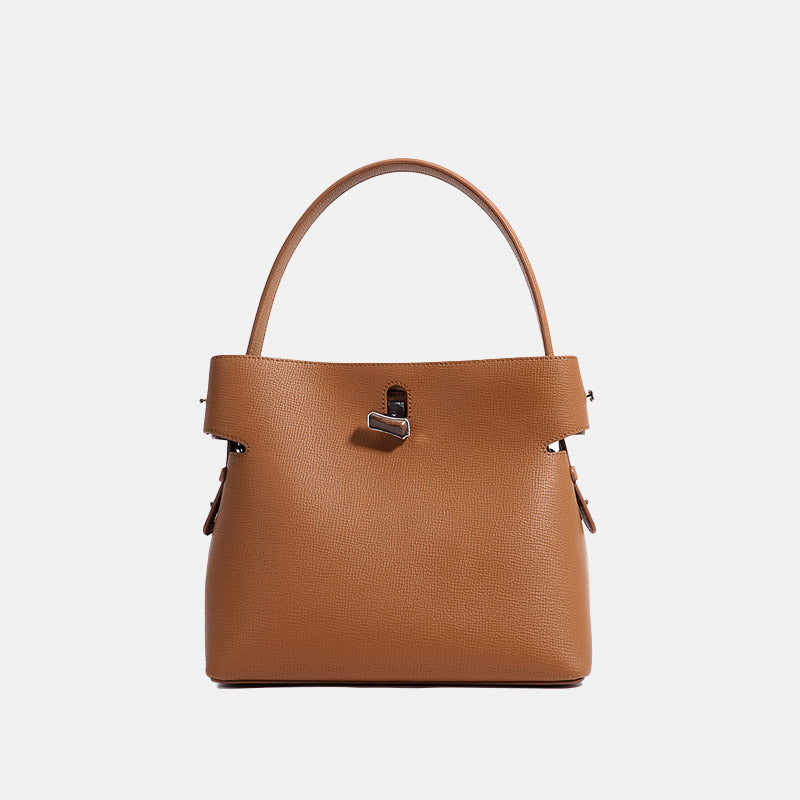 Women’s Minimalist Genuine Leather Bamboo Lock Bucket Tote Bag image