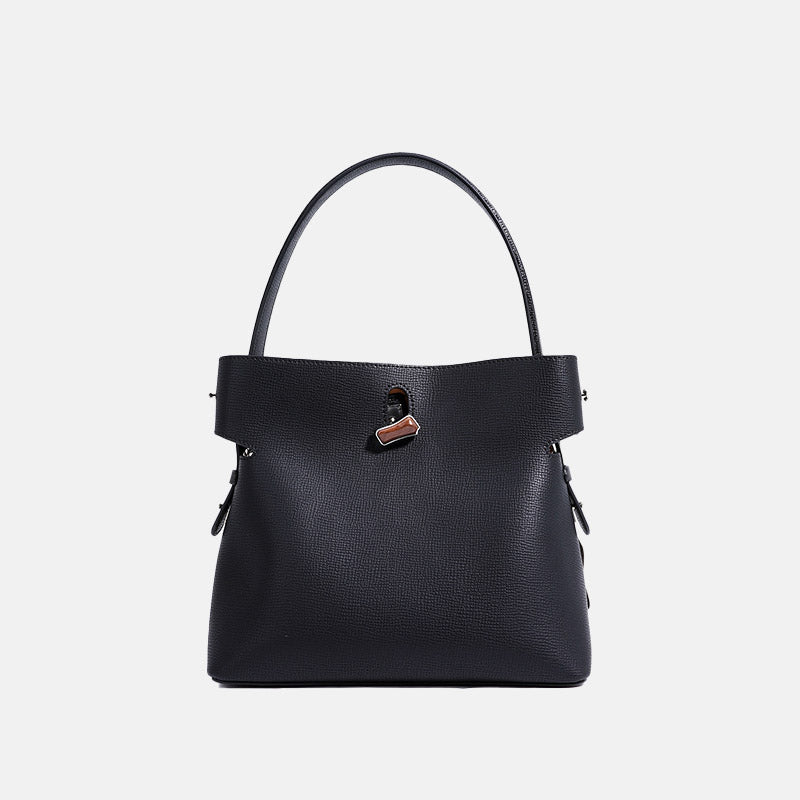 Women’s Minimalist Genuine Leather Bamboo Lock Bucket Tote Bag image 7
