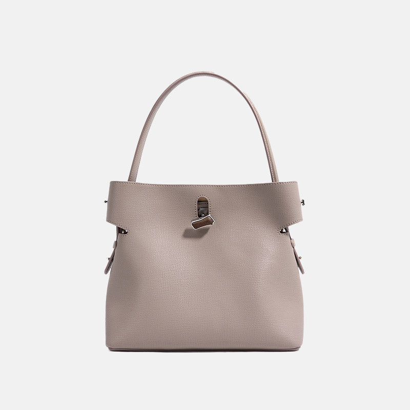 Women’s Minimalist Genuine Leather Bamboo Lock Bucket Tote Bag image 8