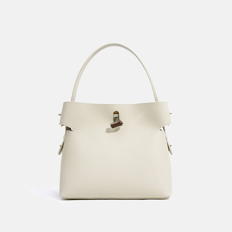 Women’s Minimalist Genuine Leather Bamboo Lock Bucket Tote Bag image 5