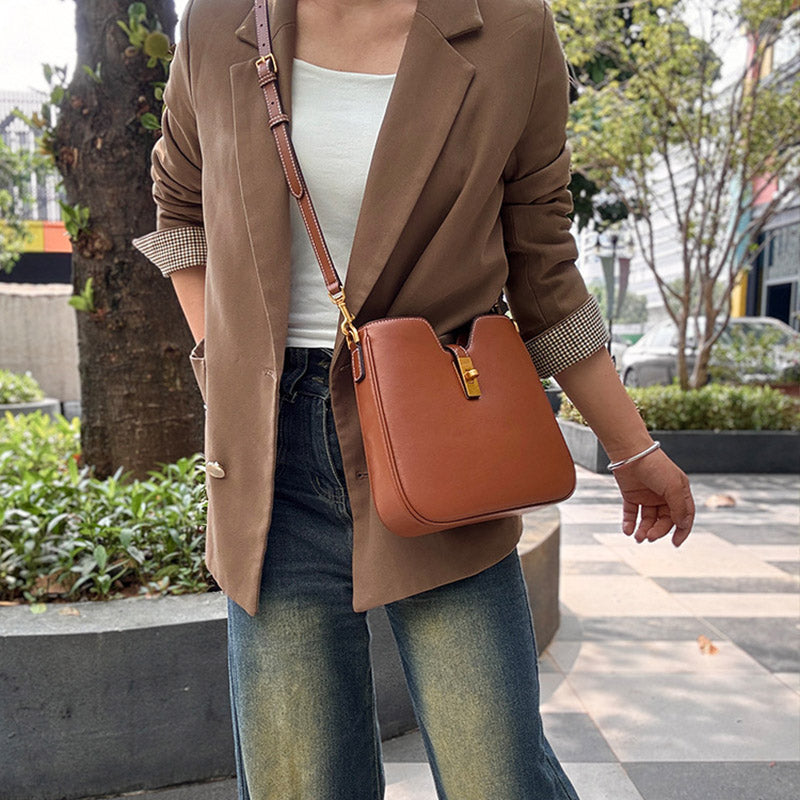 Women’s Minimalist Genuine Leather Crossbody Baguette Bag In Gold Hardware image 5