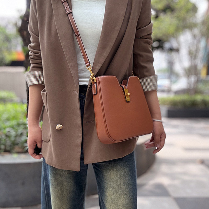 Women’s Minimalist Genuine Leather Crossbody Baguette Bag In Gold Hardware image 4
