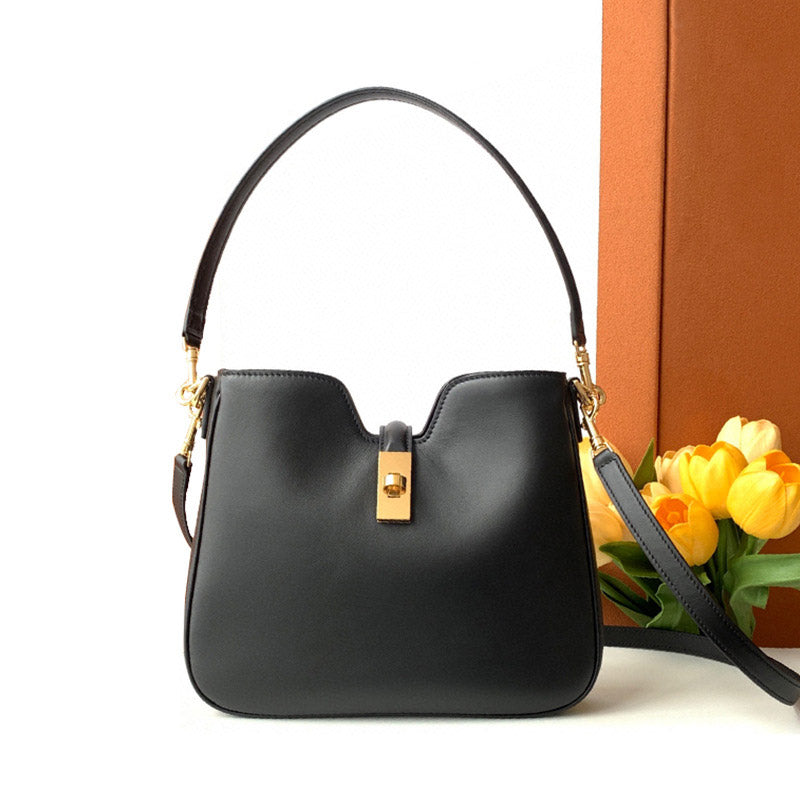 Women’s Minimalist Genuine Leather Crossbody Baguette Bag In Gold Hardware image