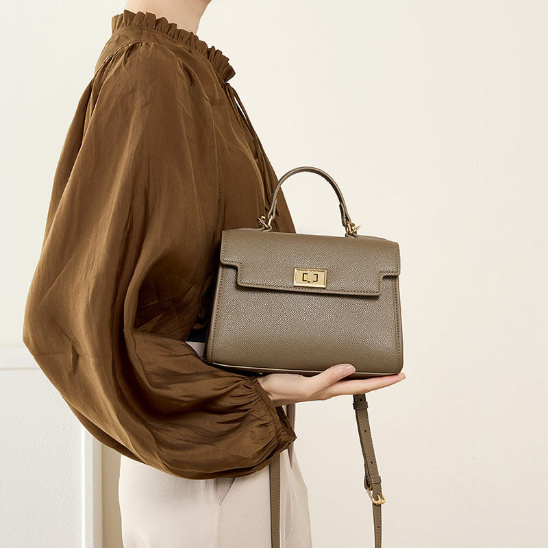 Women’s Minimalist Genuine Leather Crossbody Top Handle Bag with Flap Lock Closure image 4