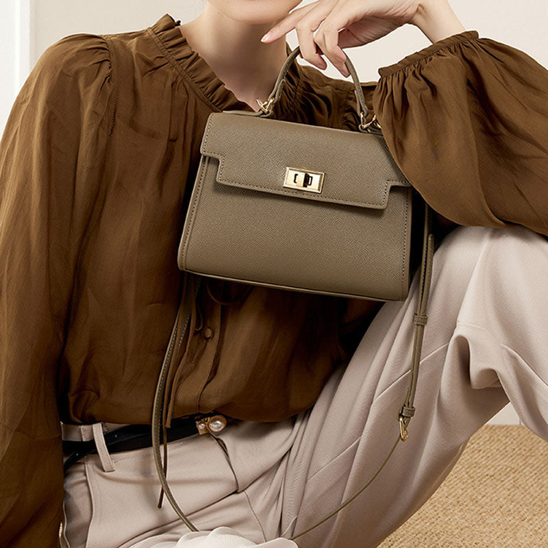 Women’s Minimalist Genuine Leather Crossbody Top Handle Bag with Flap Lock Closure image 5