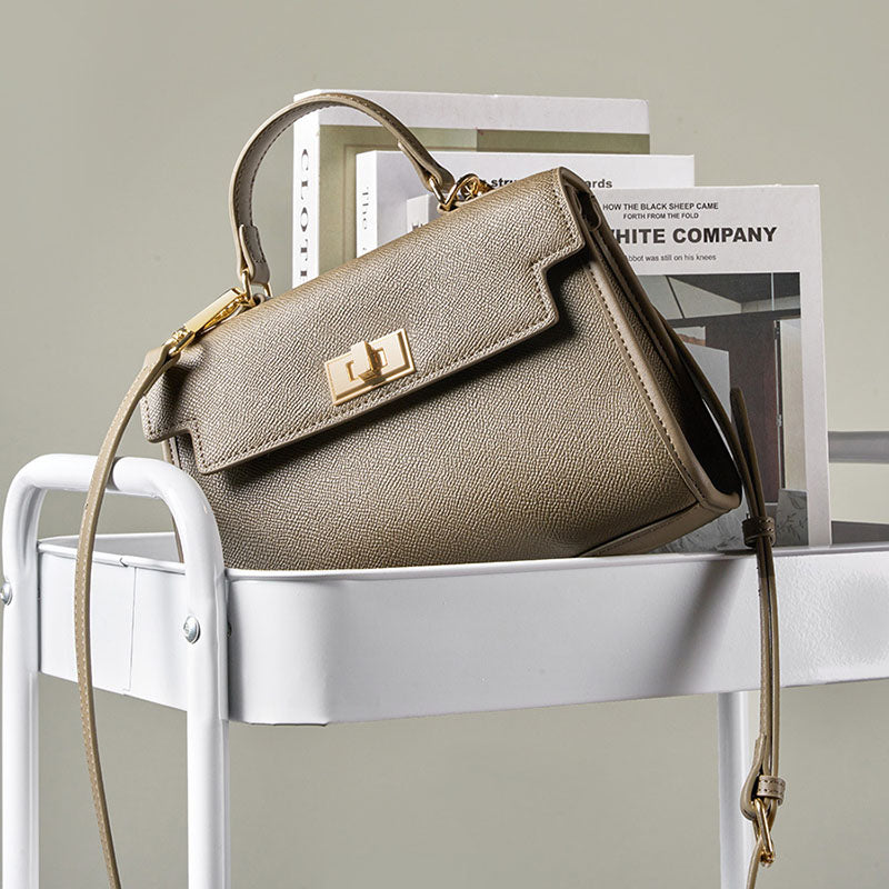 Women’s Minimalist Genuine Leather Crossbody Top Handle Bag with Flap Lock Closure image 3