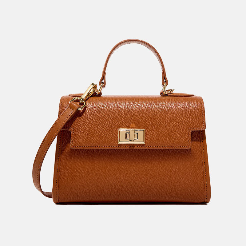 Women’s Minimalist Genuine Leather Crossbody Top Handle Bag with Flap Lock Closure image 6