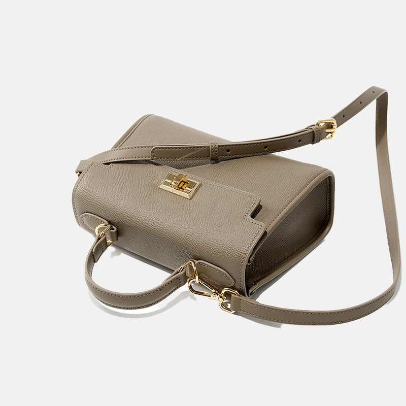 Women’s Minimalist Genuine Leather Crossbody Top Handle Bag with Flap Lock Closure image 2