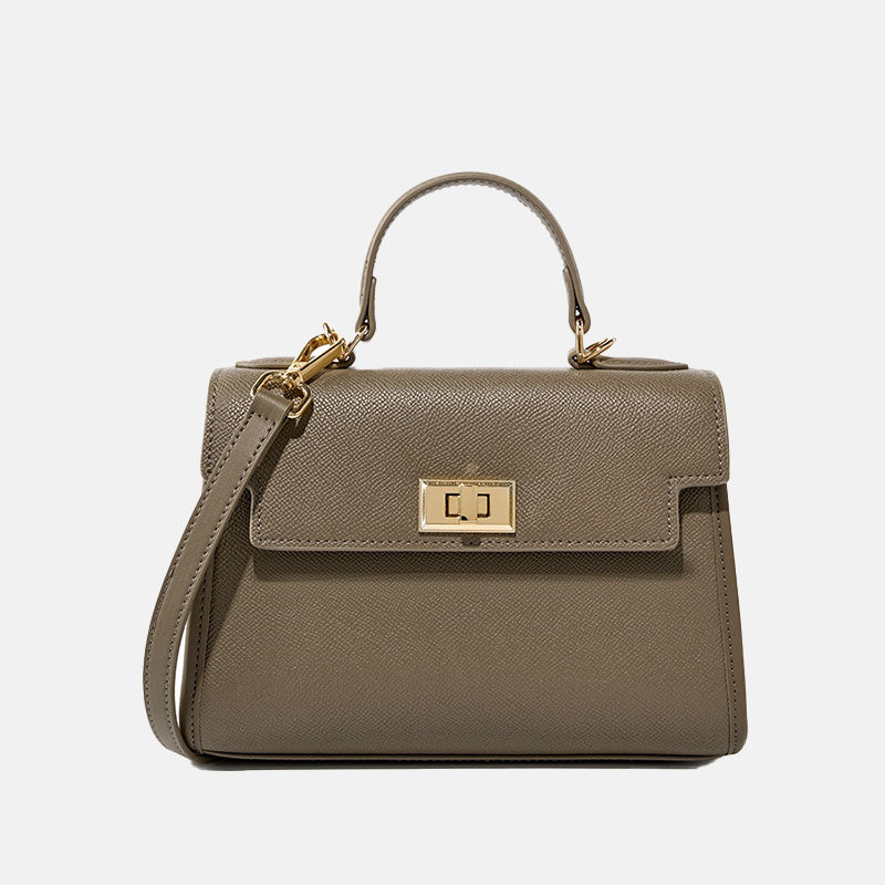 Women’s Minimalist Genuine Leather Crossbody Top Handle Bag with Flap Lock Closure image