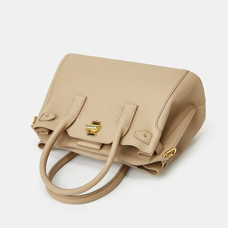 Women’s Minimalist Genuine Leather Crossbody Top Handle Bag with Lock Buckle image 2