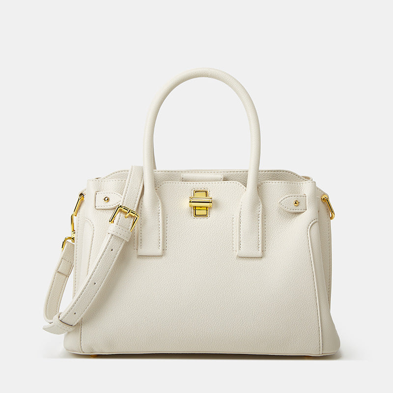 Women’s Minimalist Genuine Leather Crossbody Top Handle Bag with Lock Buckle image 5