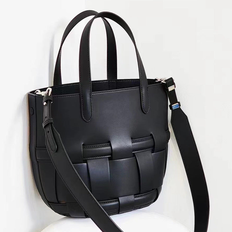 Women’s Minimalist Genuine Leather Crossbody Woven Bucket Bag image 2