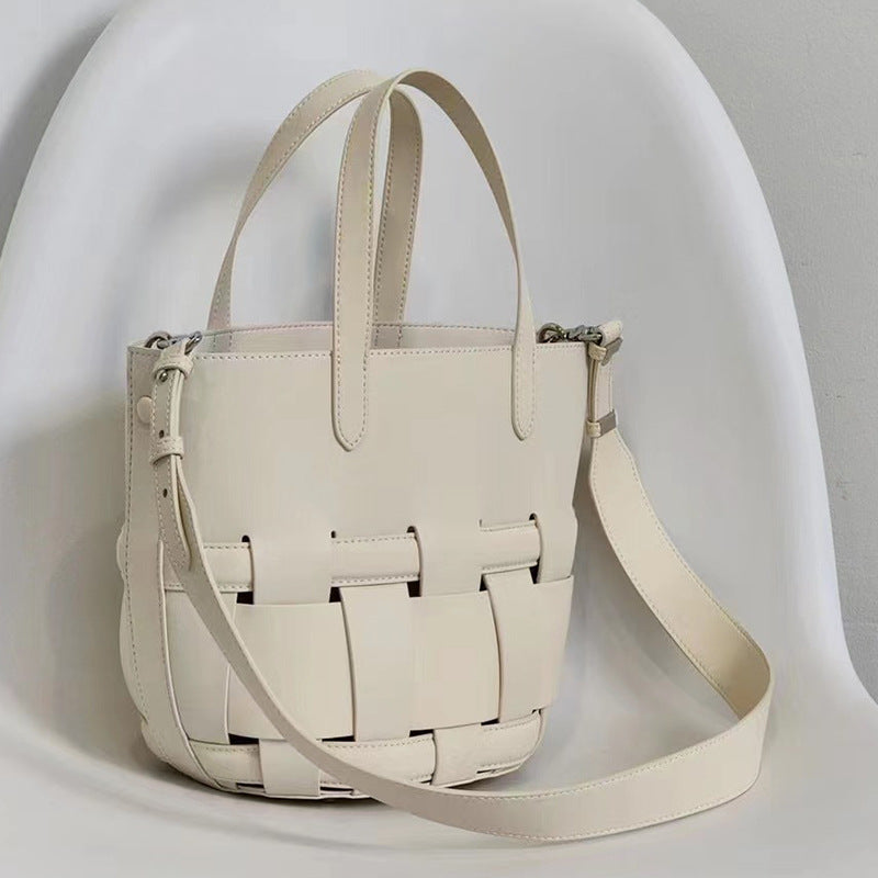 Women’s Minimalist Genuine Leather Crossbody Woven Bucket Bag image 3
