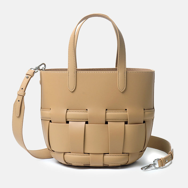 Women’s Minimalist Genuine Leather Crossbody Woven Bucket Bag image
