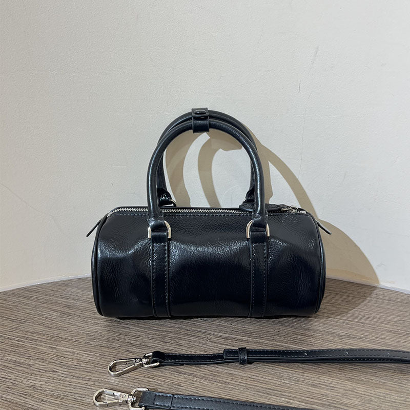 Women’s Minimalist Genuine Leather Cylinder Shape Crossbody Shoulder Boston Handbag image 6