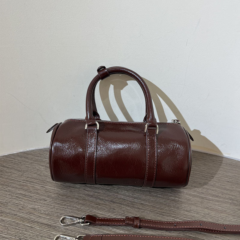Women’s Minimalist Genuine Leather Cylinder Shape Crossbody Shoulder Boston Handbag image 9