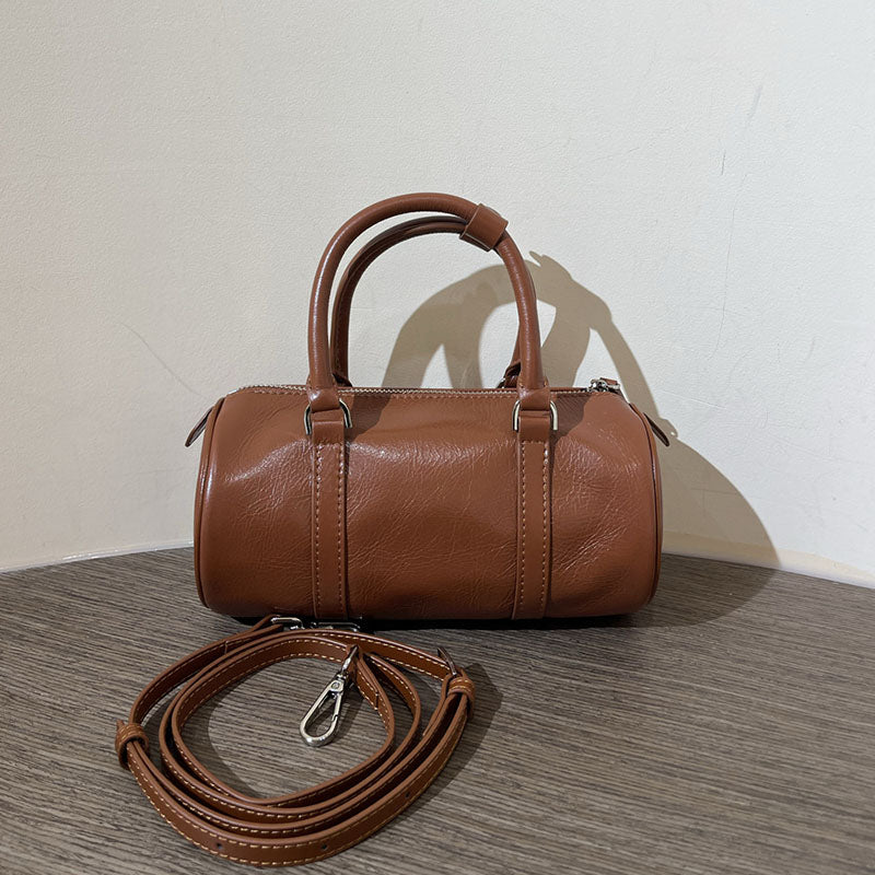 Women’s Minimalist Genuine Leather Cylinder Shape Crossbody Shoulder Boston Handbag image 2