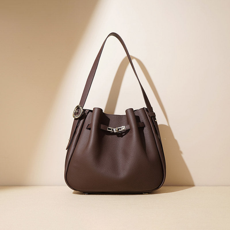 Women’s Minimalist Genuine Leather Drawstring Lock Shoulder Bucket Bag image 2