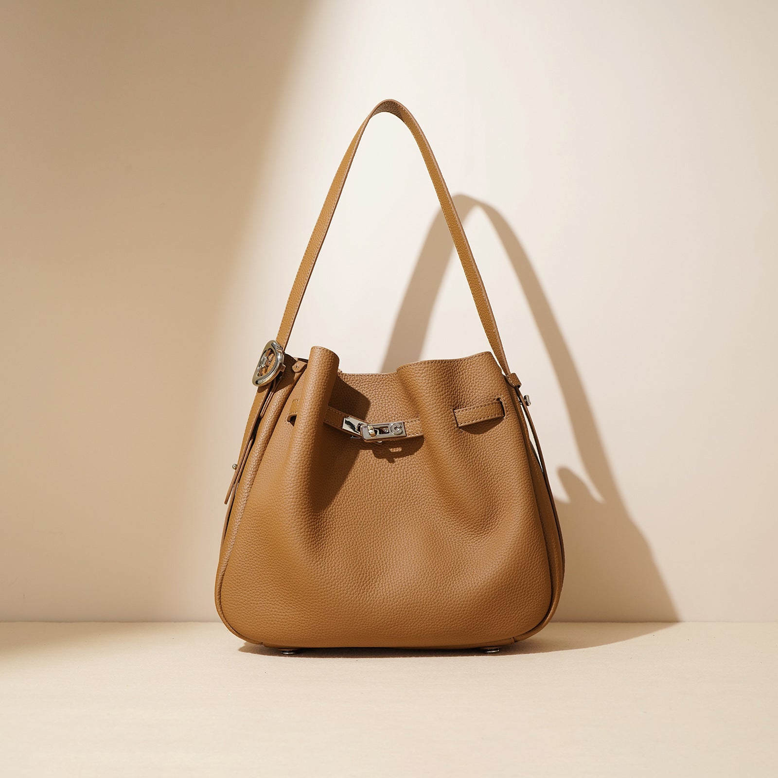 Women’s Minimalist Genuine Leather Drawstring Lock Shoulder Bucket Bag image 4