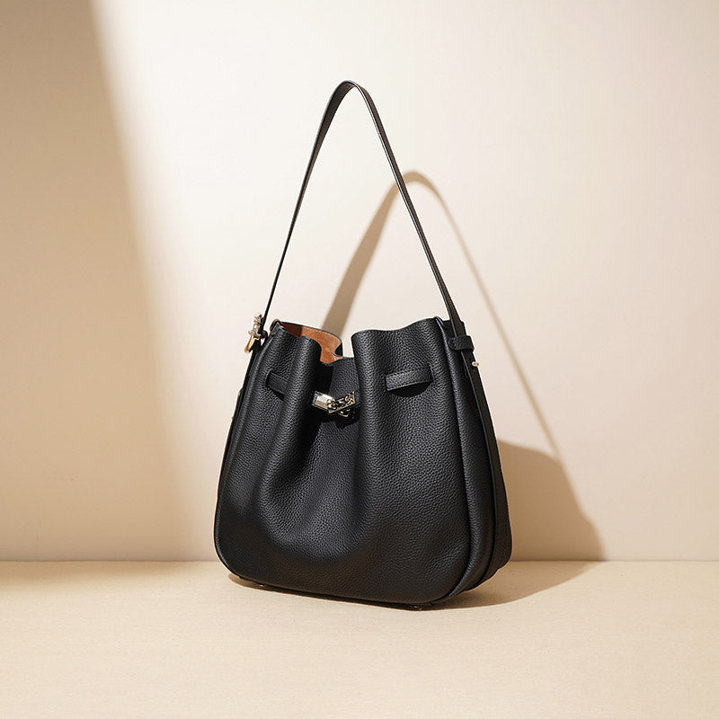 Women’s Minimalist Genuine Leather Drawstring Lock Shoulder Bucket Bag image 6
