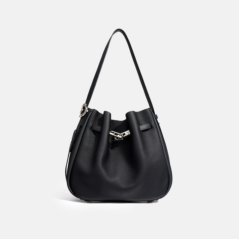 Women’s Minimalist Genuine Leather Drawstring Lock Shoulder Bucket Bag image 5