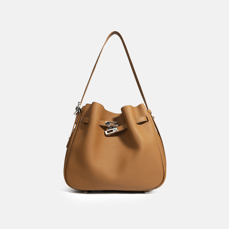 Women’s Minimalist Genuine Leather Drawstring Lock Shoulder Bucket Bag image 3