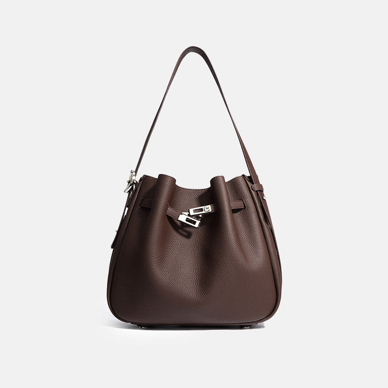 Women’s Minimalist Genuine Leather Drawstring Lock Shoulder Bucket Bag image