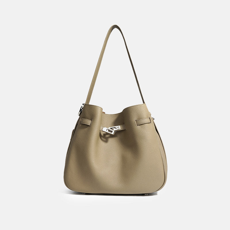 Women’s Minimalist Genuine Leather Drawstring Lock Shoulder Bucket Bag image 7