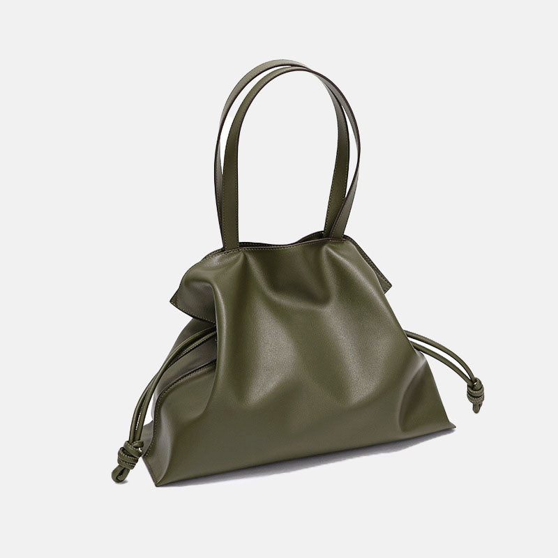 Women’s Minimalist Genuine Leather Drawstring Pleated Crossbody Shoulder Tote Bag image 9