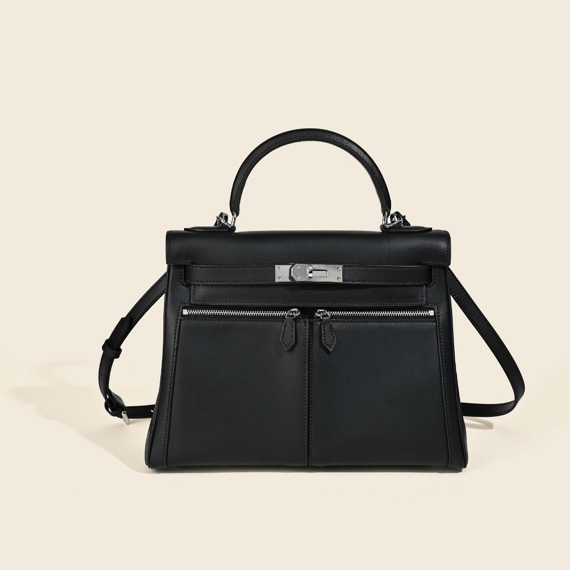 Women’s Minimalist Genuine Leather Dual Pocket Lock Closure Top Handle Bag image 2