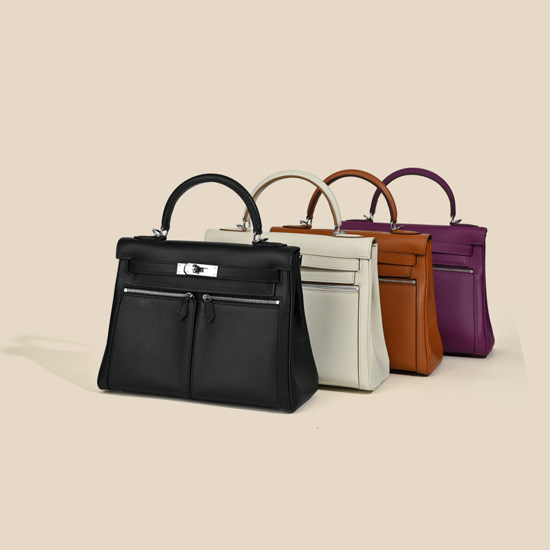 Women’s Minimalist Genuine Leather Dual Pocket Lock Closure Top Handle Bag image 4