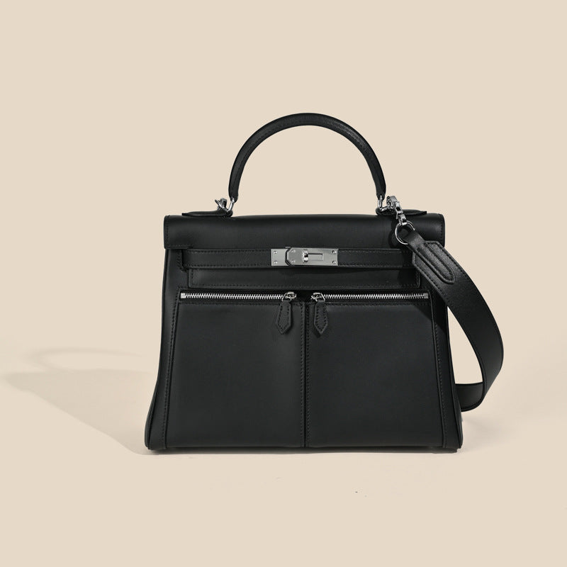 Women’s Minimalist Genuine Leather Dual Pocket Lock Closure Top Handle Bag image 3
