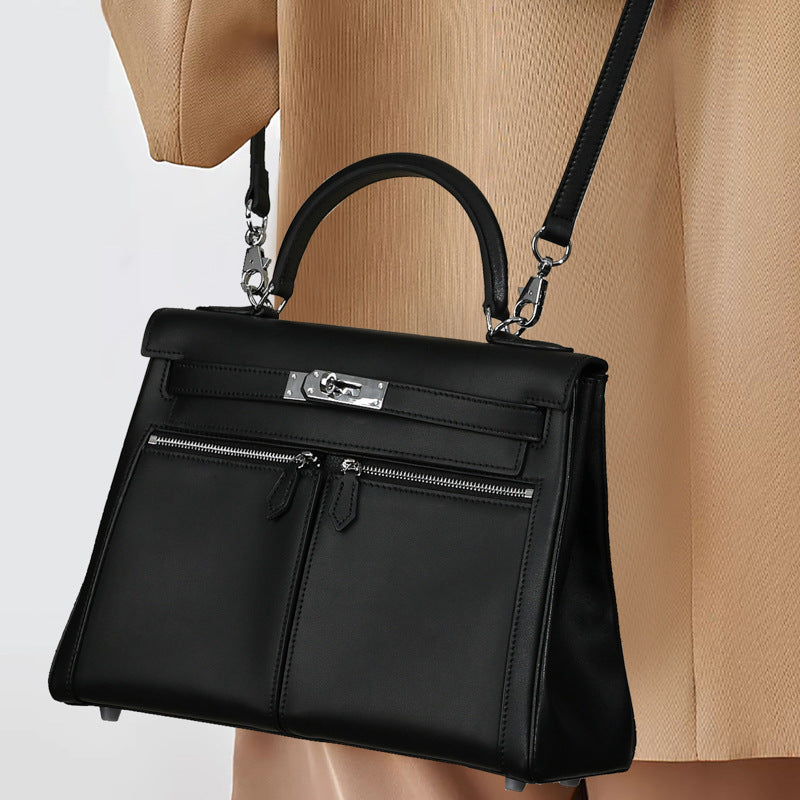 Women’s Minimalist Genuine Leather Dual Pocket Lock Closure Top Handle Bag image 5