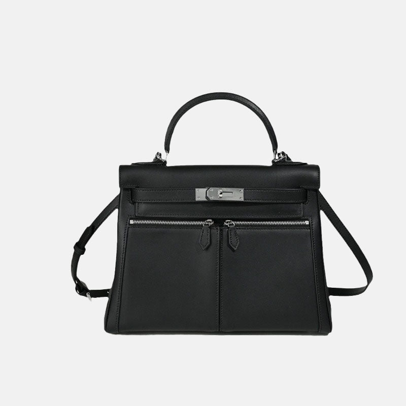 Women’s Minimalist Genuine Leather Dual Pocket Lock Closure Top Handle Bag image