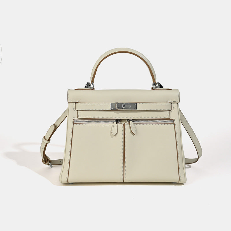 Women’s Minimalist Genuine Leather Dual Pocket Lock Closure Top Handle Bag image 6