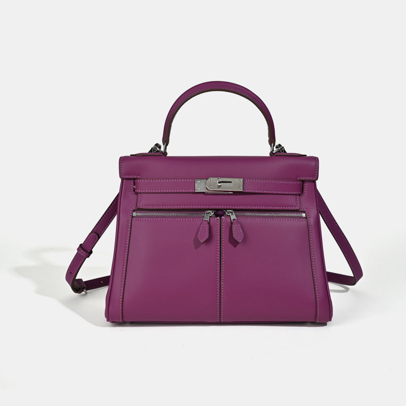 Women’s Minimalist Genuine Leather Dual Pocket Lock Closure Top Handle Bag image 7