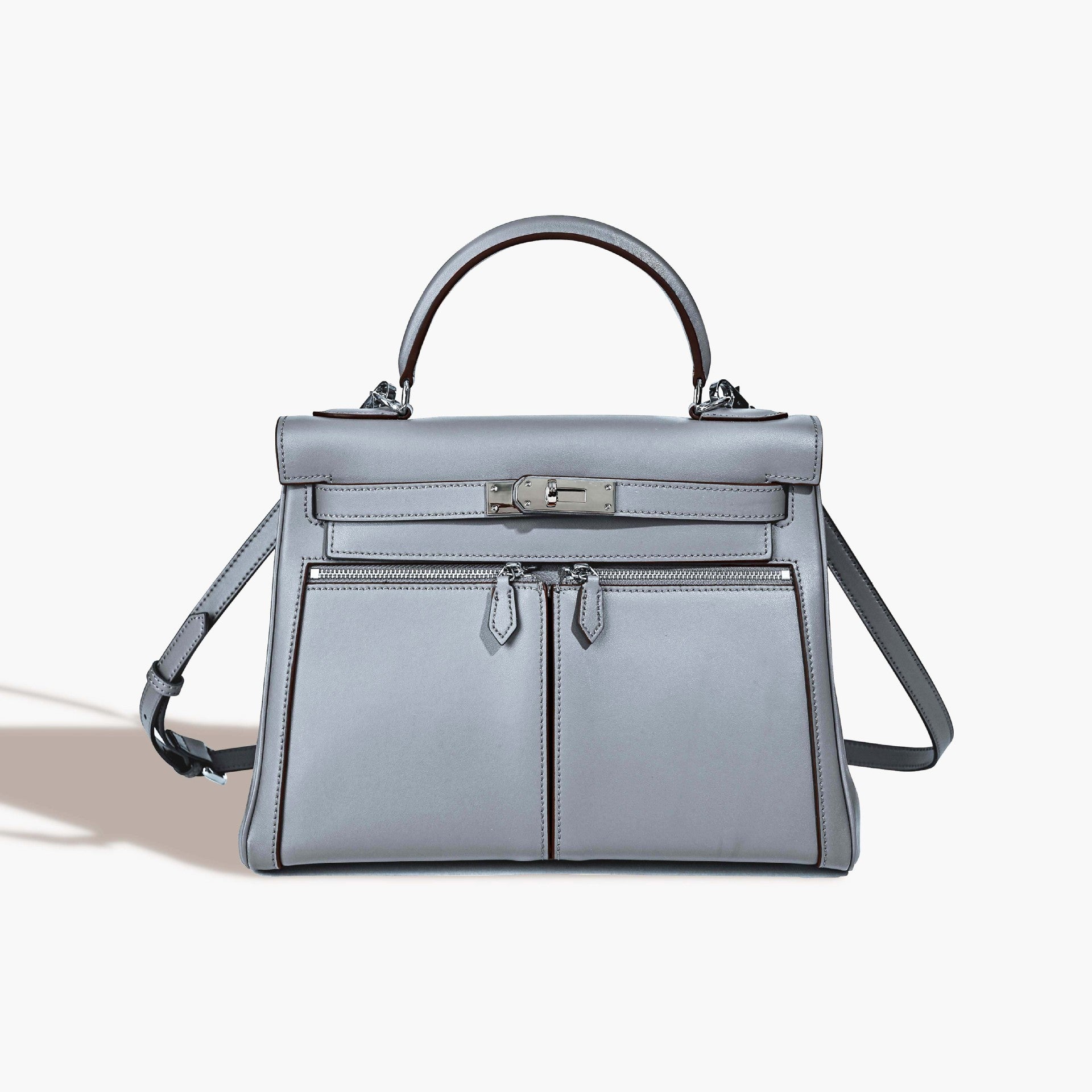 Women’s Minimalist Genuine Leather Dual Pocket Lock Closure Top Handle Bag image 9