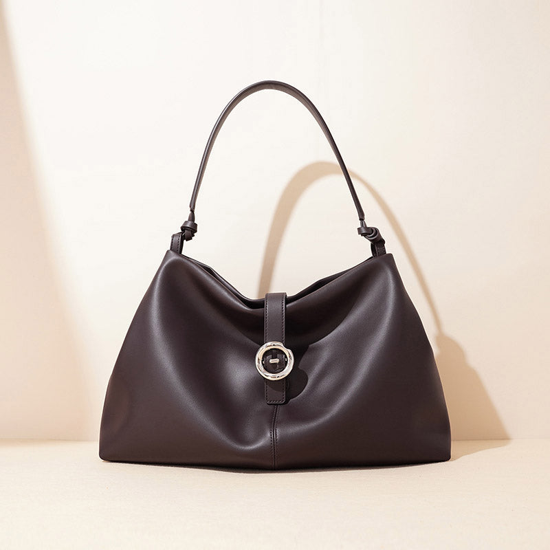 Women’s Minimalist Genuine Leather Dumpling-Shaped Magnetic Closure Tote Bag image 2