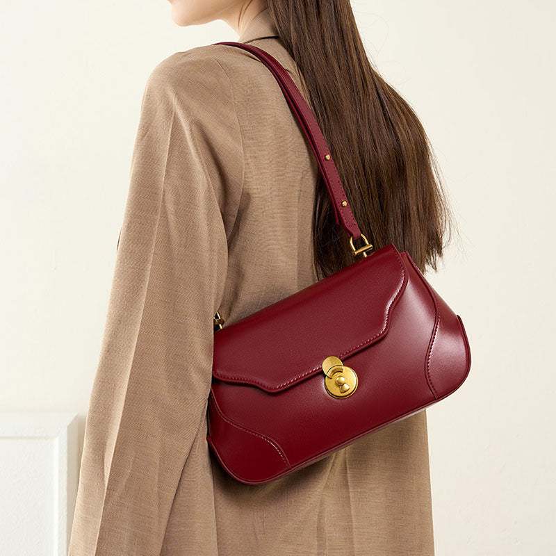 Women’s Minimalist Genuine Leather Flap Lock Baguette Shoulder Bag image 2