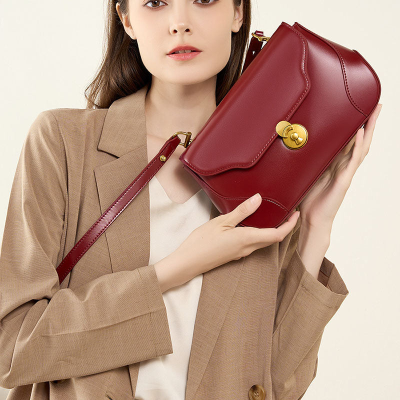 Women’s Minimalist Genuine Leather Flap Lock Baguette Shoulder Bag image 3