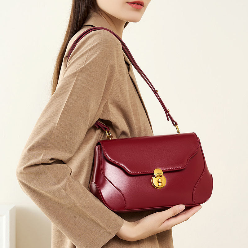 Women’s Minimalist Genuine Leather Flap Lock Baguette Shoulder Bag image 4