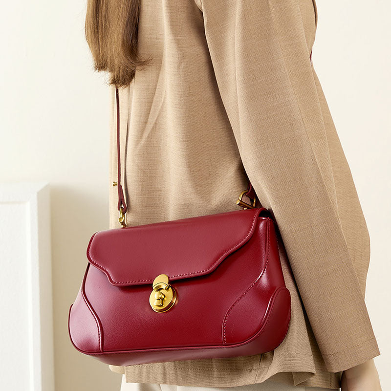 Women’s Minimalist Genuine Leather Flap Lock Baguette Shoulder Bag image 5