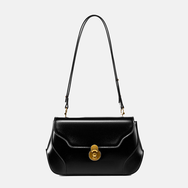 Women’s Minimalist Genuine Leather Flap Lock Baguette Shoulder Bag image 7