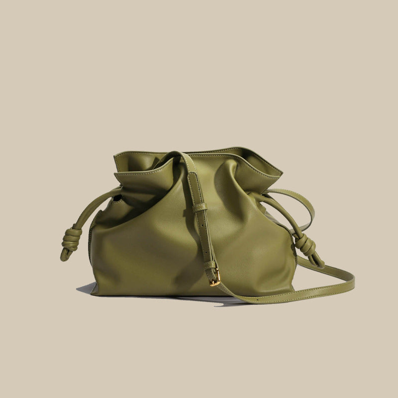 Women’s Minimalist Genuine Leather Foldover Drawstring Crossbody Shoulder Bags image 5