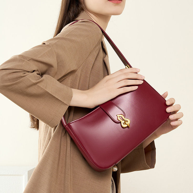 Women’s Minimalist Genuine Leather Gourd Shape Buckle Baguette Bag image 4