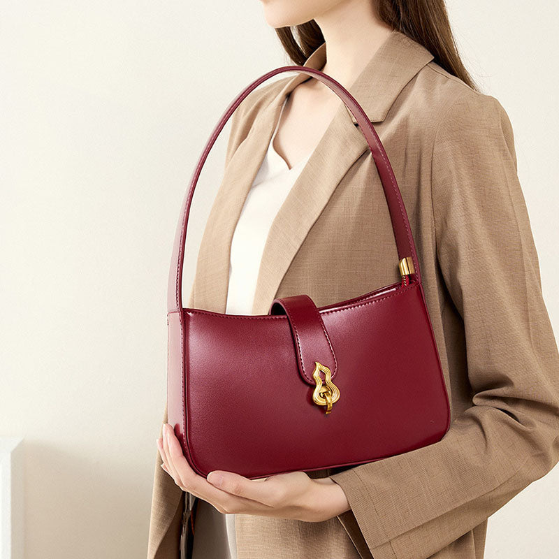 Women’s Minimalist Genuine Leather Gourd Shape Buckle Baguette Bag image 2