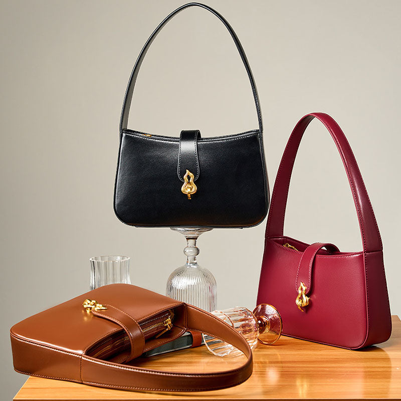 Women’s Minimalist Genuine Leather Gourd Shape Buckle Baguette Bag image 5