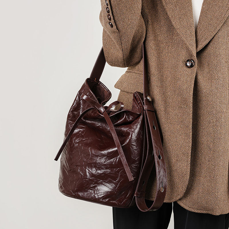 Women’s Minimalist Genuine Leather Hand Grain Crossbody Shoulder Bucket Bag image 3
